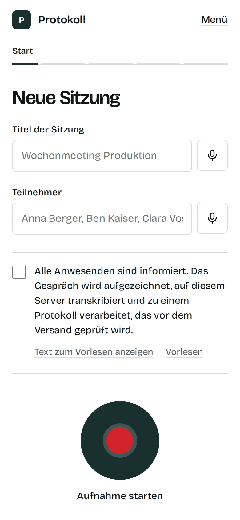 Startbildschirm der App mit Titel, Teilnehmern und Aufnahmeknopf