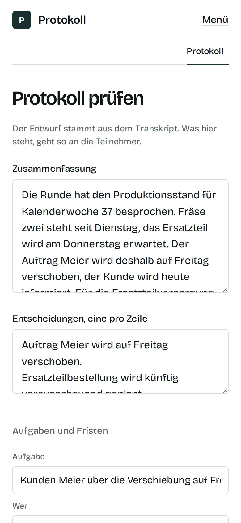Prüfansicht des Protokolls mit Aufgaben, Verantwortlichen und Fristen